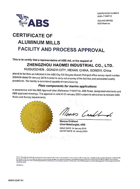 ABS American Bureau of Shipping Type Approval Certificate for 5083-H116 Marine Aluminum Plate